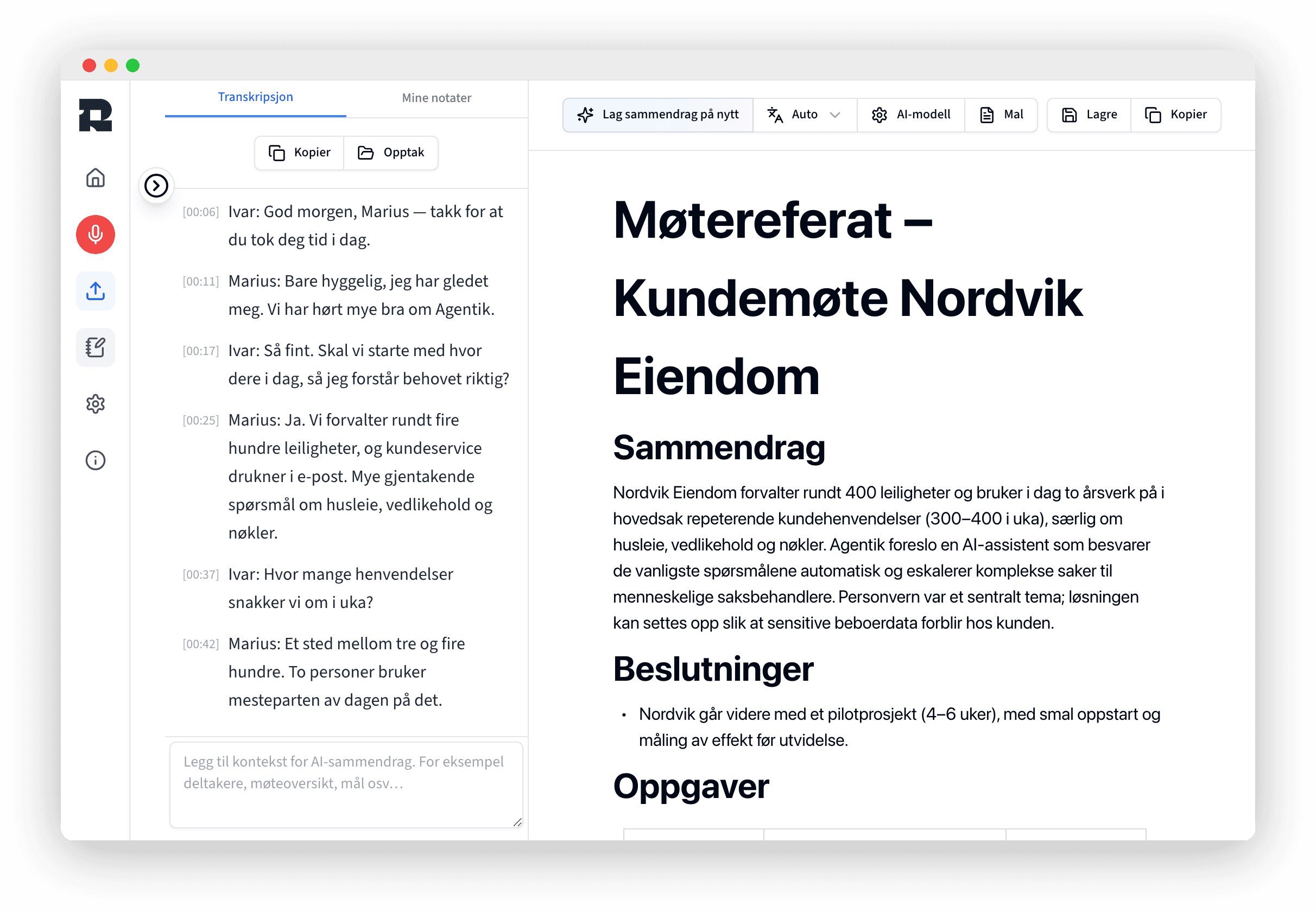 Referat: norsk transkripsjon ved siden av et ferdig møtereferat