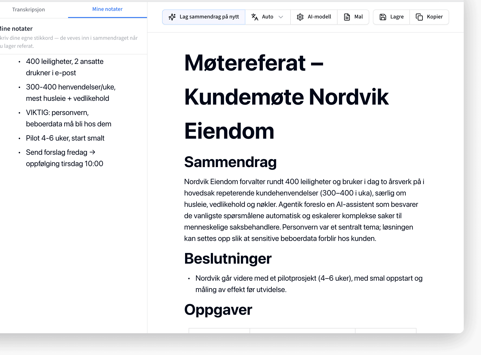 Mine notater-fanen i Referat - egne notater i fri tekst