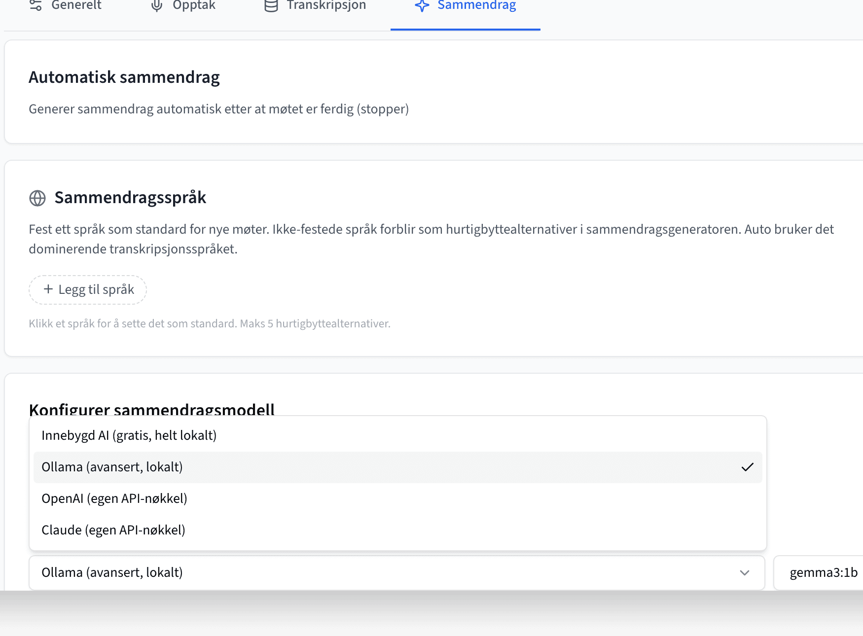 Innstillinger for AI-sammendrag i Referat - lokalt eller med egen API-nøkkel